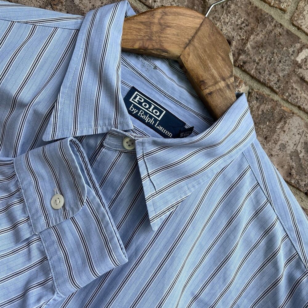 Polo by Ralph Lauren Shirt Mens L 16 34/35 Blue White Stripe PRL Monogram Dress